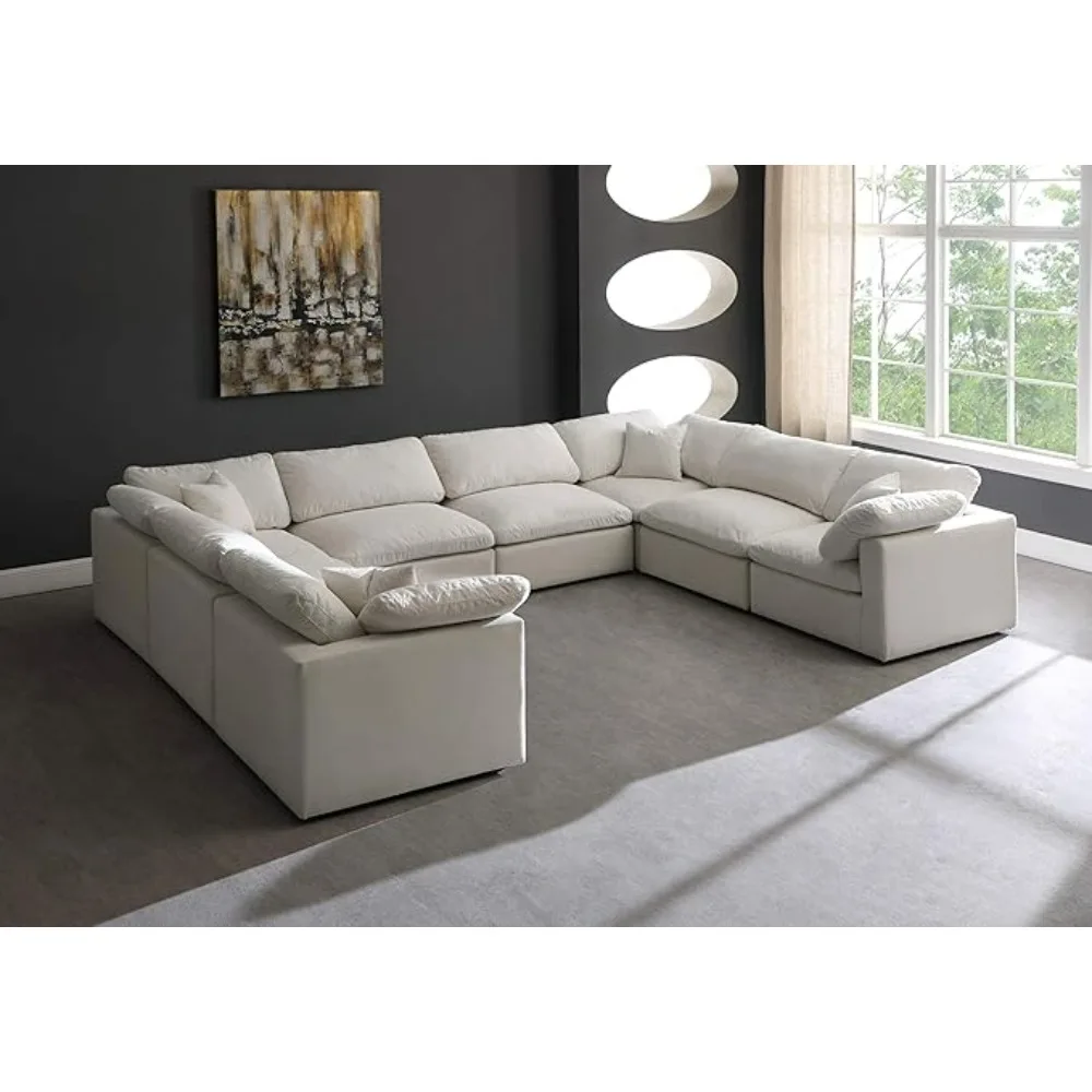 Plush Collection Contemporary Down Filled Comfort Overstuffed Velvet Upholstered Modular U-Shaped Sectional 8-Seater Cream