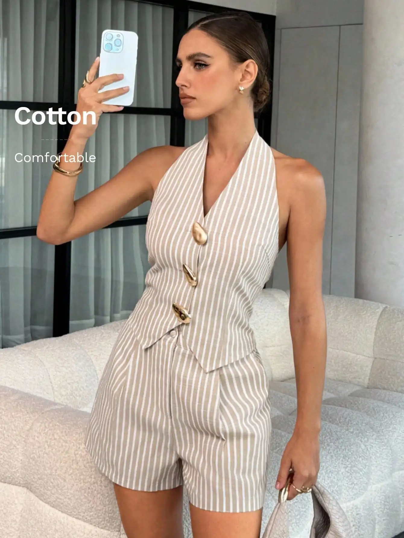 Lavishia 2-teiliges Damen-Set mit gestreiftem Crop-Top mit Metallverzierung und Shorts im lässigen Stil