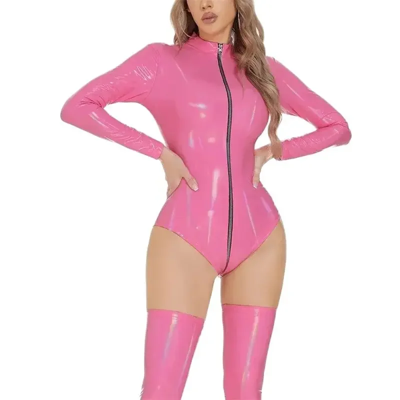 Mulheres sexy festa magro couro patente bodysuit sem calças pernas macacão feminino zíper frontal aberto virilha cardigan macacão