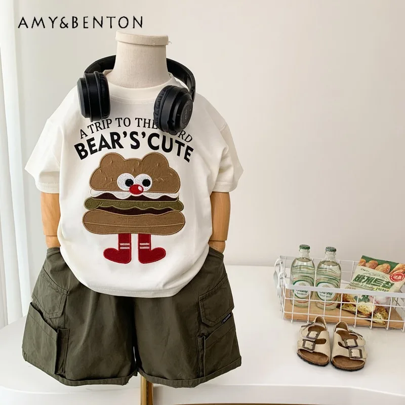 

Kids Boys Short Sleeve T-Shirt 2026 Summer New Cute Hamburger Embroidery Cotton Tee Tops Casual Cartoon Bear Print Tshirt