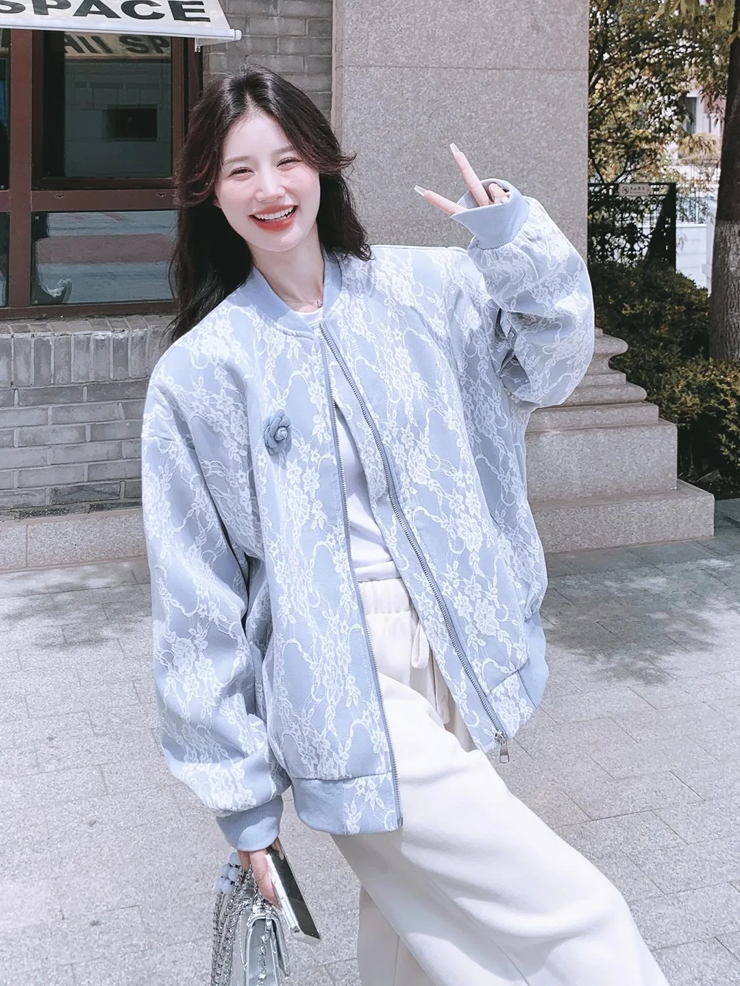 Blue Lace Splice Baseball Jaet Women's Casual Sle ort Coat Autumn New Arrival Small Size High-End Feeling Ladies Top