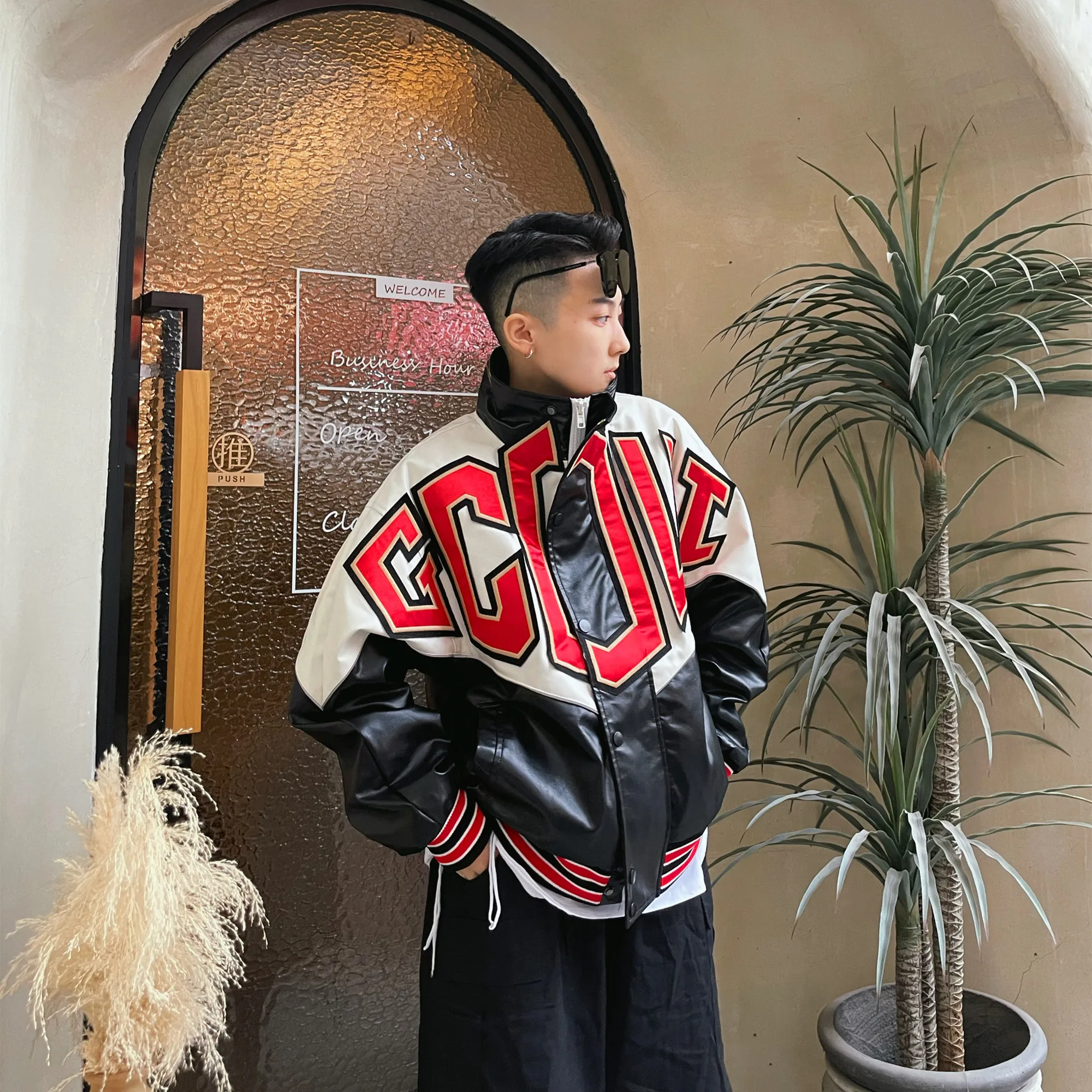 Men's and Women's 2025 Spring New Contrast Color Embroidery Handsome High Street Faux Leather Coats Stand Collar Leather Jacket