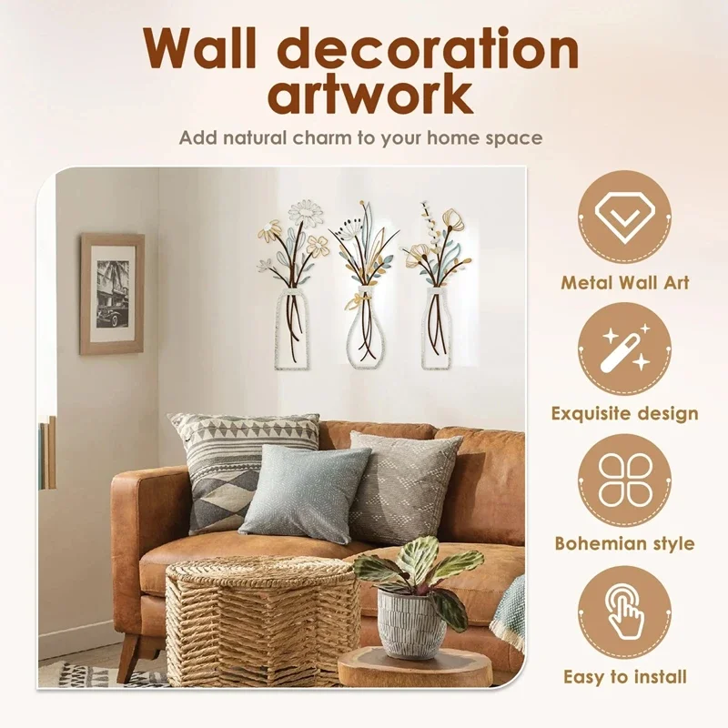 3 個の金属製の花の壁の装飾工芸品素朴なスタイルのミニマリス - Home Decor Minimalist Style のレビューと価格