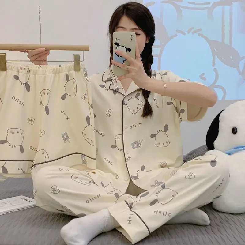 Sanrio Lady Pajama 3 Piece Pochacco Pijama Pant Shorts Short Sleeve Sleepwear Summer Pyjama Kawaii Nightwear Cartoon Home Clothe