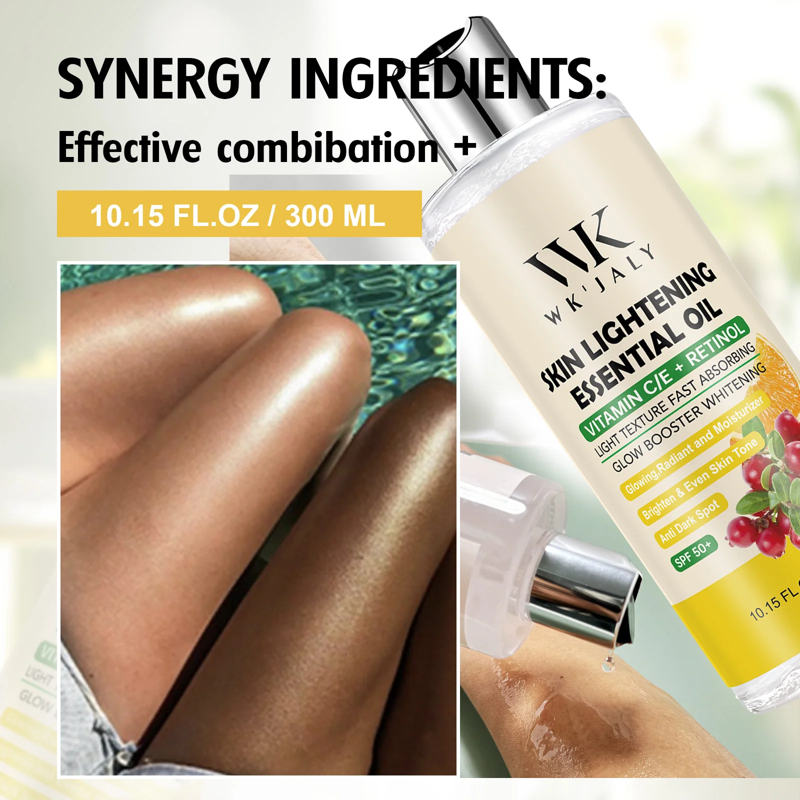 WK JALY Aceite Aclarante con Vitamina C y Retinol, Hidrata, Blanquea, Anti-Manchas Oscuras, Unifica el Tono de Piel, No Grasoso, 300ml