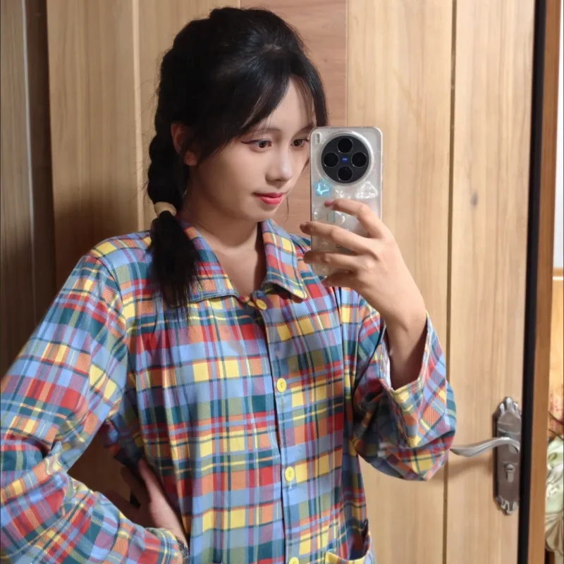 

Женский пижамный комплект: модная домашняя одежда с длинными рукавами, красочная клетчатая расцветка, осенний домашний комплект, минималистичный, удобный, дышащий.