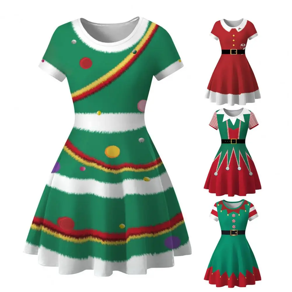 Comfortable Christmas Dress Christmas Themed Print Cosplay Dress for Women O-neck Short Sleeve Mini Dress with High Waist A-line