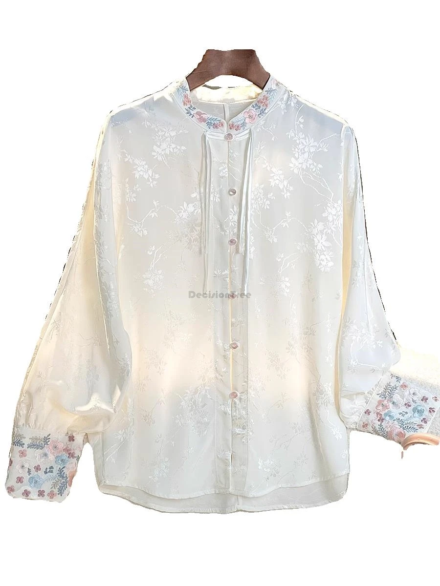 2024 new chinese style white embroidery vintage shirt women spring new zen plate buckle tang suit hanfu long sleeve top w264