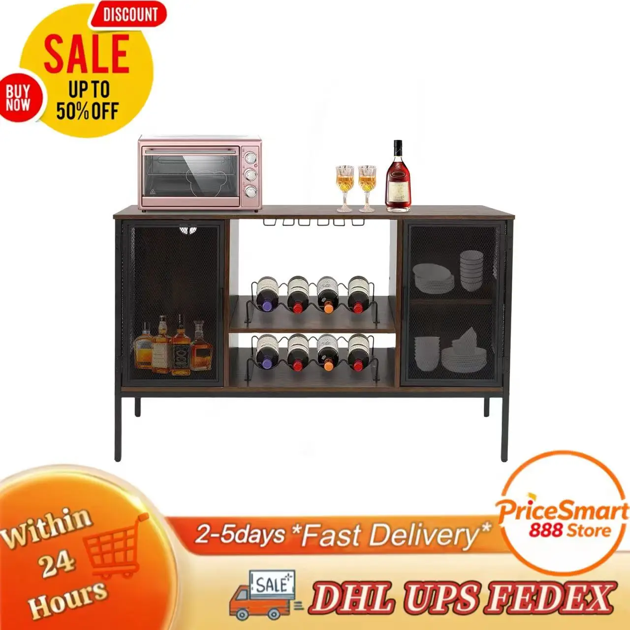 

Wine Bar Cabinet with Power Outlets Industrial Coffee Bar Cabinet for Liquor and Glasses Farmhouse Bar Cabinet , Rustic Brown