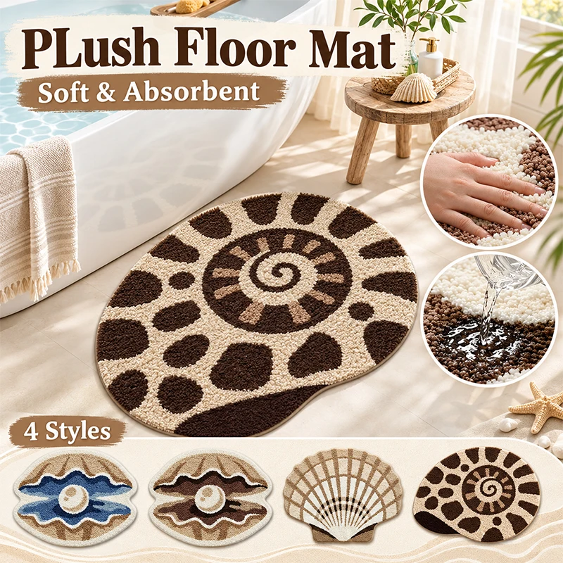 Seashell Shaped Plush Bath Mat Soft Non Slip Water-Absorbent Bathroom Floor Mat Ocean Style Rug Home Decor Carpet