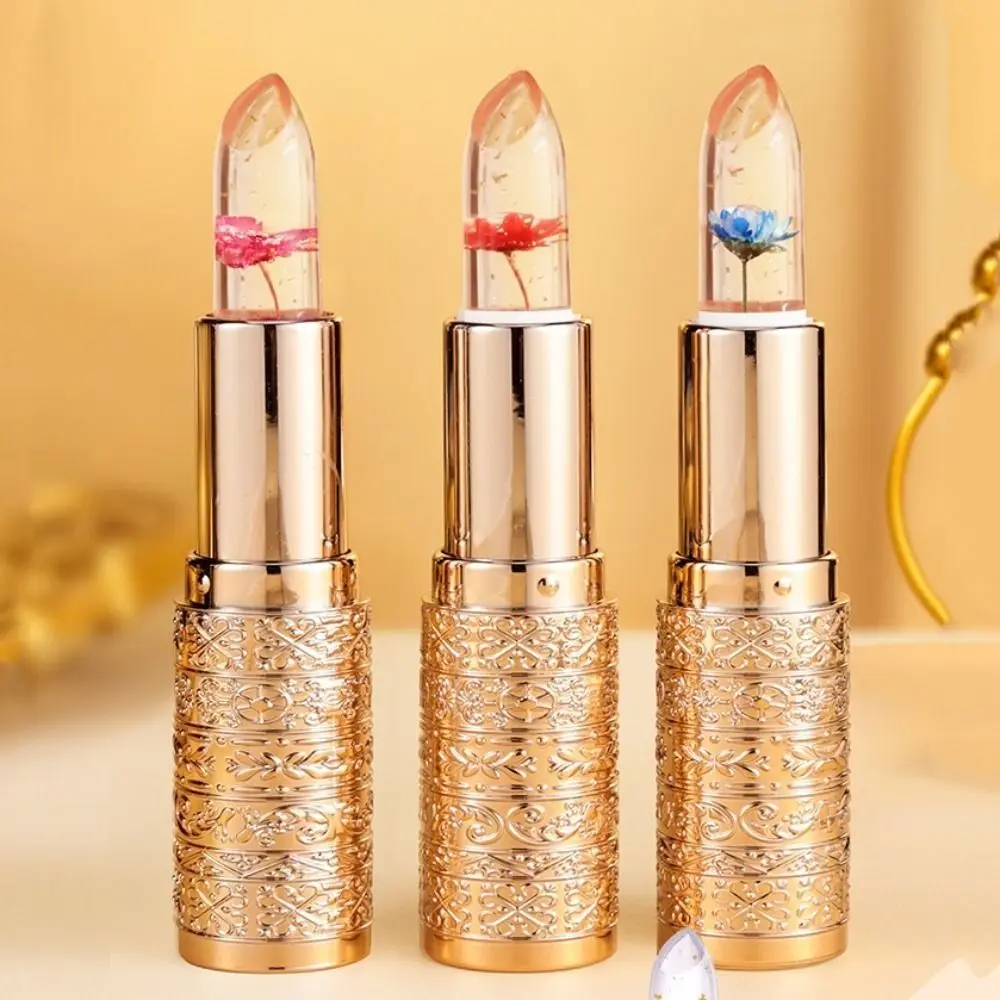 Color Changing Crystal Flower Jelly Lipstick Temperature Change Long Lasting Flower Lip Balm with Sequins Moisturizing