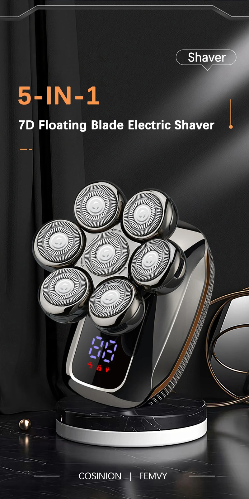 Floating 7-Blade 5-in-1 Electric Shaver For Men Rechargeable Nose Hair Trimmer Facial Cleaning Massager Bald Head Beard Razor