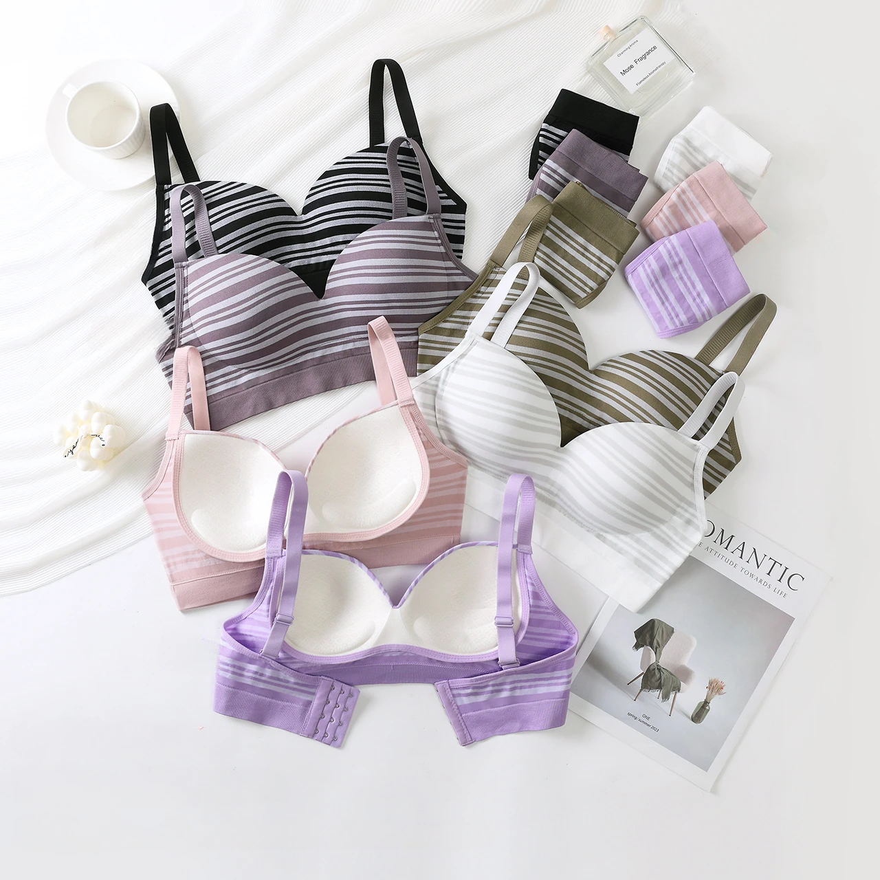 Women Seamless Bra Panties Underwear Set V-Neck Striped Seamless Lingerie Panty and Bra Set 2Pcs Intimate Female Bralette S-XXXL