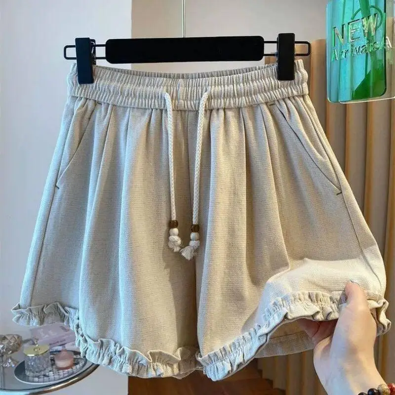 

Summer Casual Loose Men's Shorts Drawstring Wood Grain Design Comfortable Cotton Knee-High Wide Leg Pants