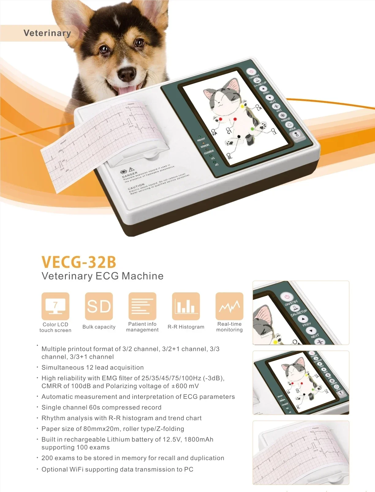 Veterinary Equipment Portable 3 Channels Digital ECG EKG Machine