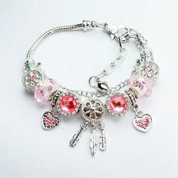 Fashion Luxury Alloy Metal Love Heart Pendant Artificial Zircon Rhinestone Beaded Bracelet Women Couple Summer Gift Jewelry