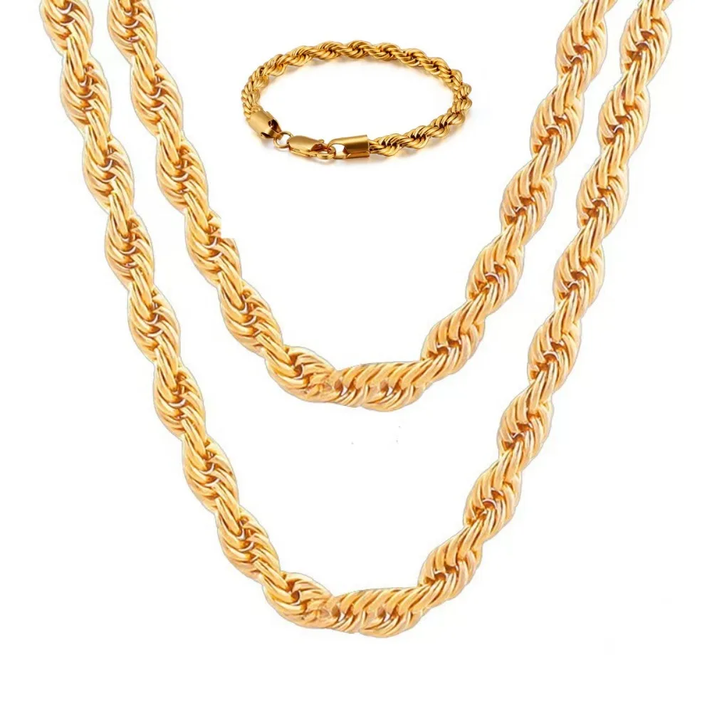 1 SET 2pcs 18K Gold 4MM Chain Rope Necklace Bracelets Set Fashion for Man Boy Lady Women Christmas Gifts Jewelry Wedding