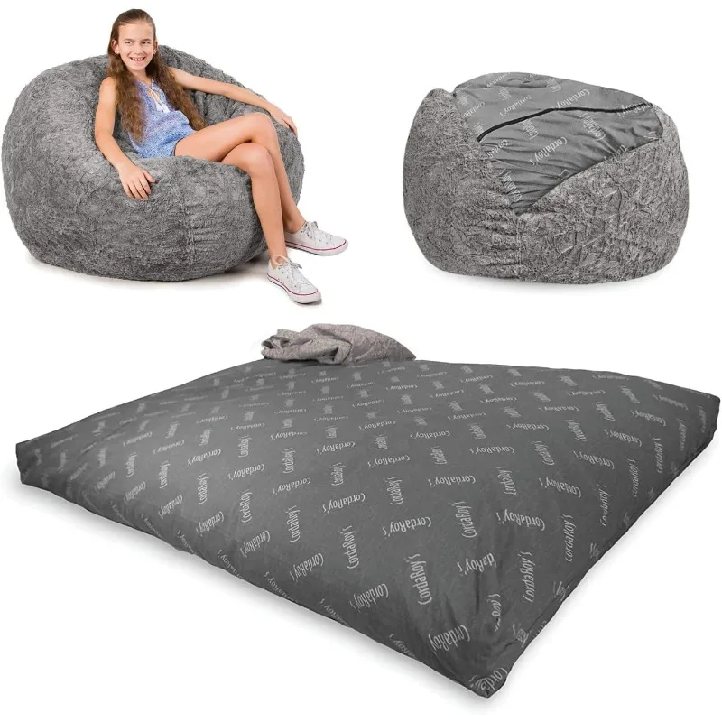 Convertible Bean Bag Chair & Bed - Machine-Washable Faux Fur Fabric Cover - for Basement, Living Room