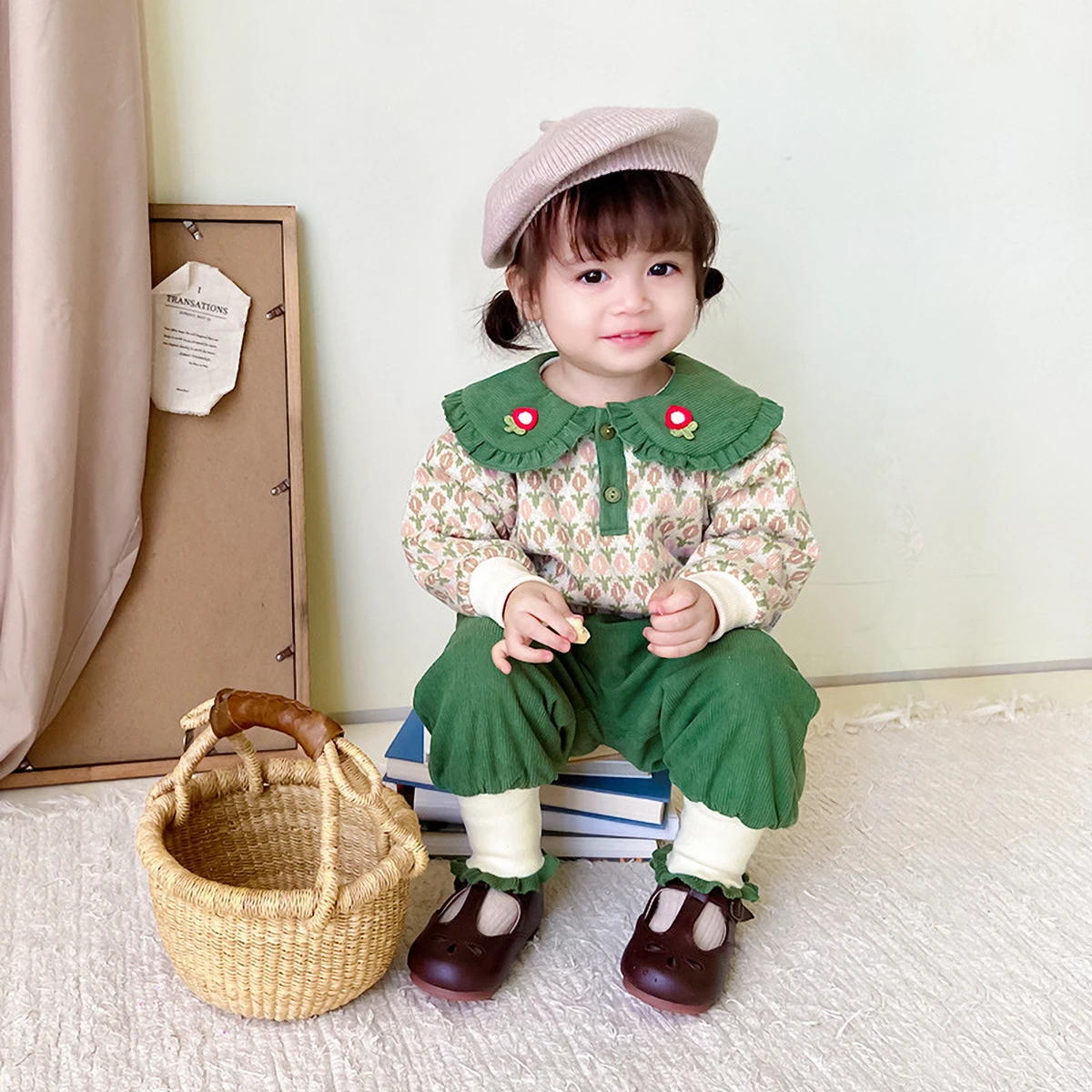 Autumn Winter Children\'s Velvet Set Baby Girl\'s Green Flower Turn Down Collar Pullover Cotton Tops 2Pcs Suit Loose Thicked Pants