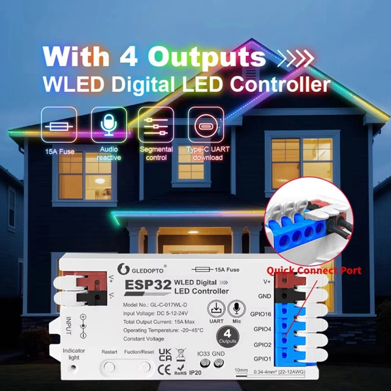 Popular_GLEDOPTO ESP32 WLED Controller with 4 Outputs Fuse Mic Lights White