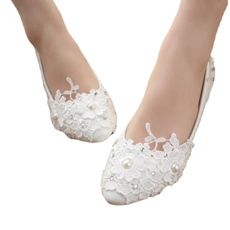 Shoes Quality High Heels Women Pumps Wedding PU Flat 3 5 8CM Thin Heels Fashion Rhinestone Lower Shallow Lace Woman Shoes White