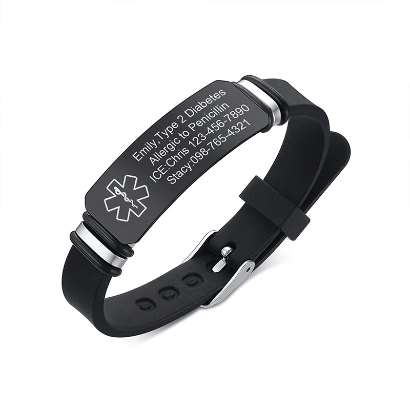 Personalisierte Notfall-Armbänder für Damen und Herren, individuell gravierte medizinische Alarminformationen, medizinische ID-Armbänder aus Edelstahl – Detail 14