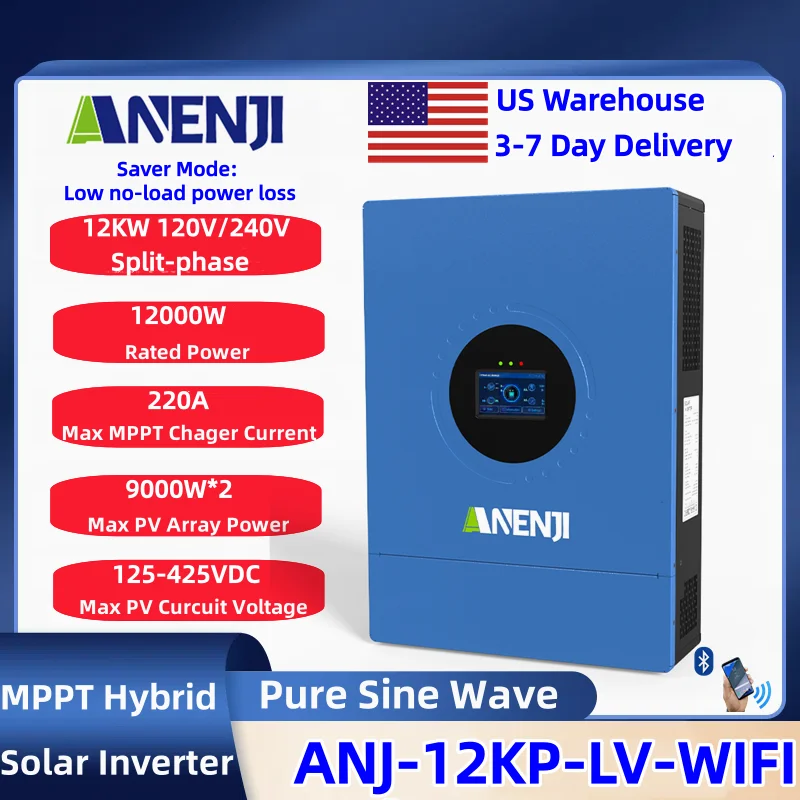 

ANENJI 120v/240v Split-phase 12KW Hybrid Solar Inverter Pure Sine Wave Built-in 220a MPPT Solar Charge Controller With WiFi