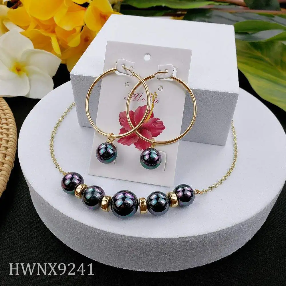 Simple and Elegant Five Round Black Tahitian 12MM Pearl Floater Necklace Hawaiian Hamilton Huggie Earring Jewelry Sets for Women