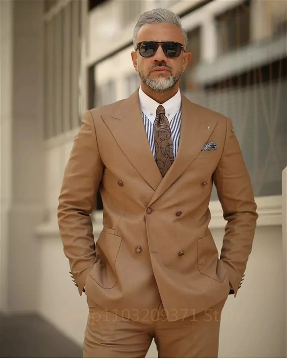 Khaki Suit for Mens Double Breasted Blazer Wedding Groom Tuxedo 2 Piece (Jacket+Pants) Groomsman Formal Dress