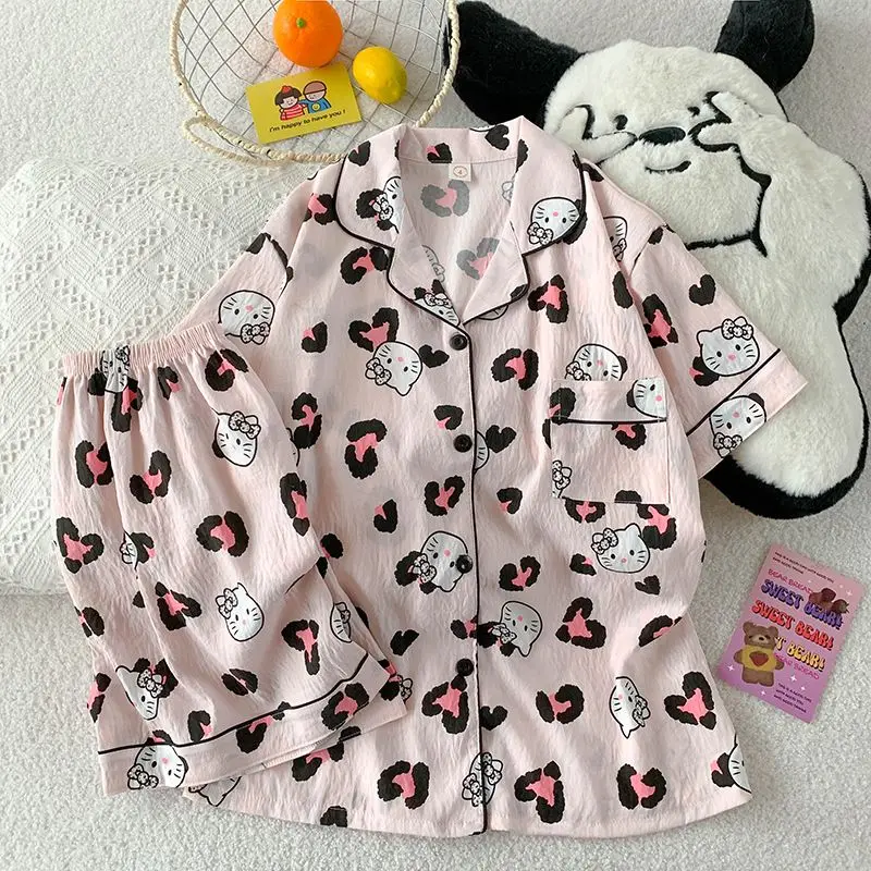 

Hello Kitty Women's Sleeping Pajamas Sets Kawaii Cartoon Summer Sleepwear Short Sleeve Shorts Nightwear Leopard Print Home Suit