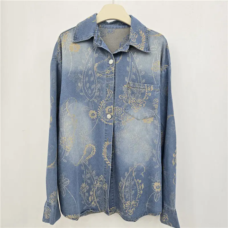 

Light Blue Dark Blue Thin Denim Shirt Jacket Spring Fashion Jacquard Lapel Single-Breasted Long Sleeve Female Cowboy Outerwear