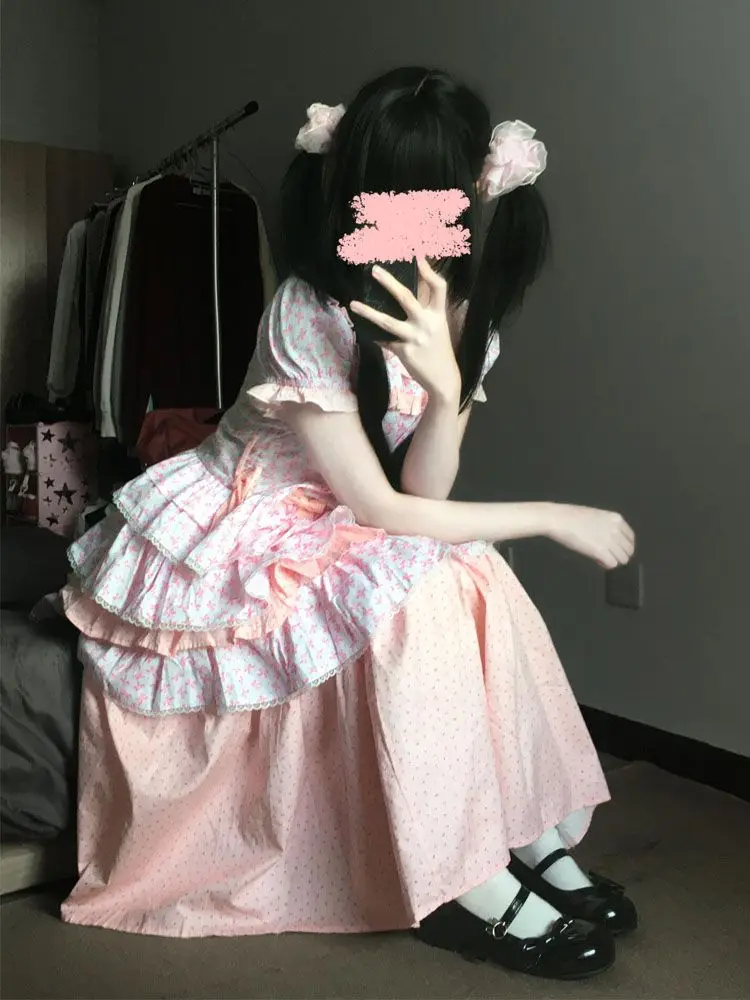 NONSAR Summer Japanese Vintage Pink Skirts Set Women Lolita Cute Sweet Floral Doll Collar Short Puff Sleeve Shirt Y2k Dot Skirt