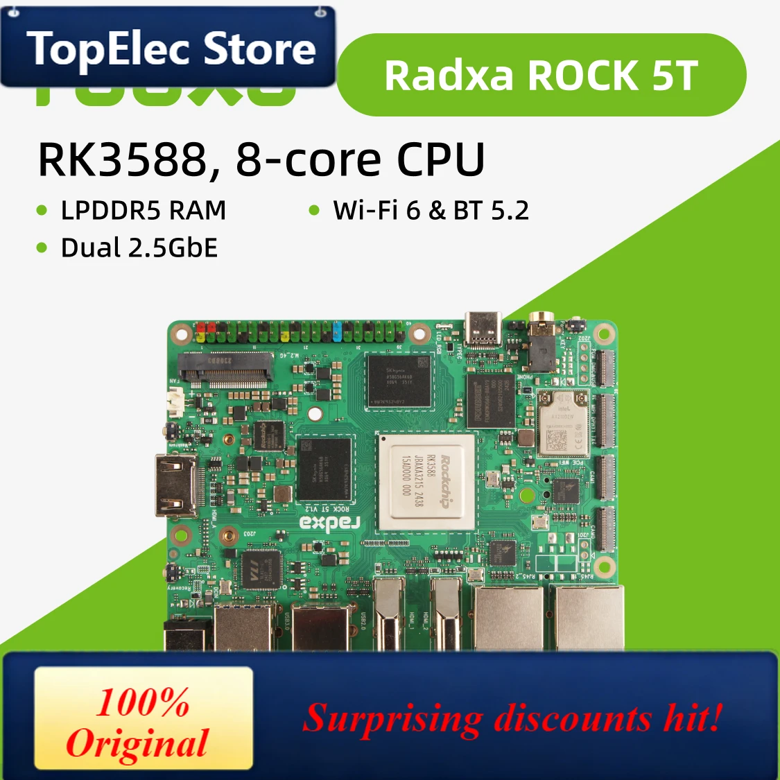 TopElec Radxa ROCK 5T RK3588 8-core CPU, 8K HDMI, LPDDR5 RAM,  and WiFi 6