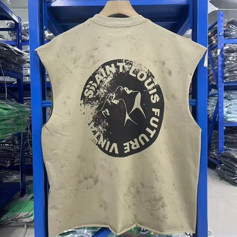 Saint Mens Distressed Sleeveless Vintage Print T Shirt Streetwear Fashion Loose Fit Casual Tee - Image 2