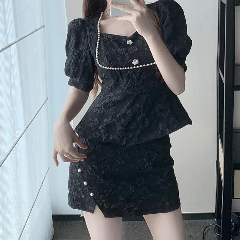 Skirt suit women's 2024 summer dress new age-reducing jacquard short shirt+sexy split skirt ladies fan two-piece skirt sets