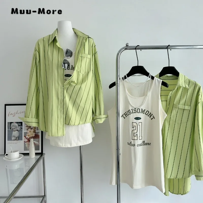 

2023 Women's Two Piece Set Tops Striped Green Single Breasted Shirt Letter Printing Cropped Dress for Women Fashion Dress Sets