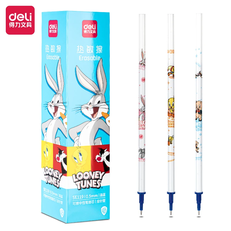 20Pcs/Box Deli SE119 Looney Tunes Bugs Bunny Erasable Gel Pen Cartridge 0.5mm Full Needle Tube  Replacement Core Black Blue Ink