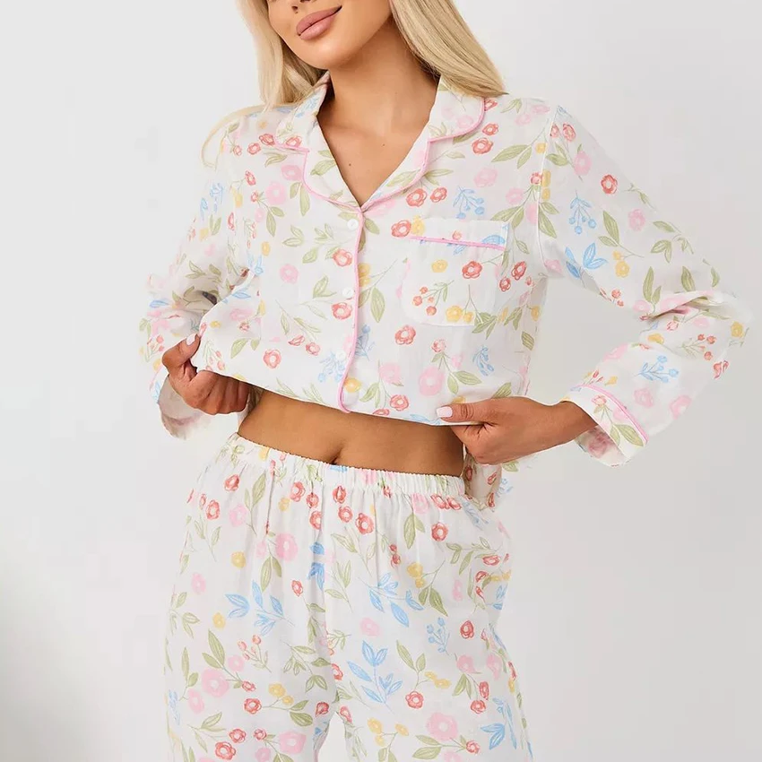 HiLoc Spring Satin Pajama Set Women's Cute Print Loungewear Casual Long Sleeve Blouse With Loose Long Pants 2 Piece Sets 2026