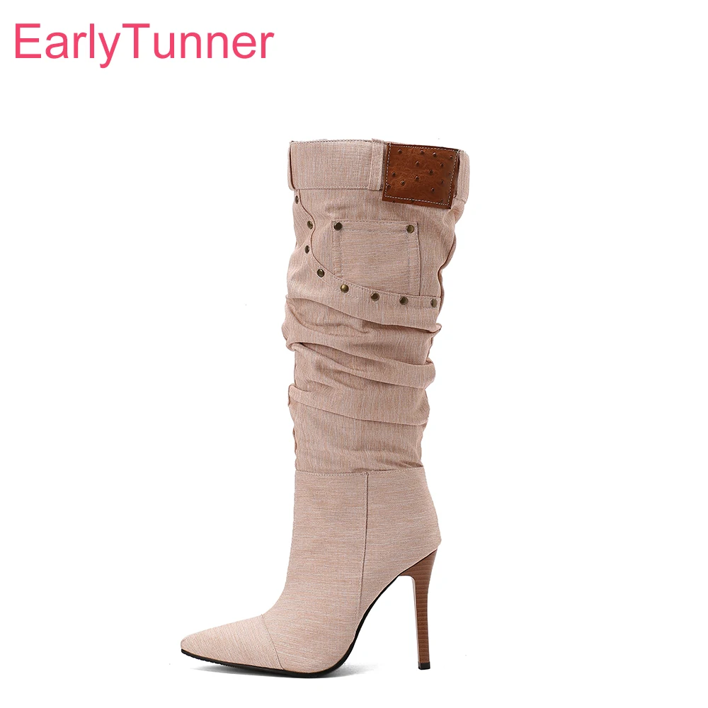 

2025 Новые зимние женские сапоги до колена для взрослых, розовые, синие, с острым носком, на высоком каблуке, женская обувь для вечеринок, большие размеры 11 43 47 50