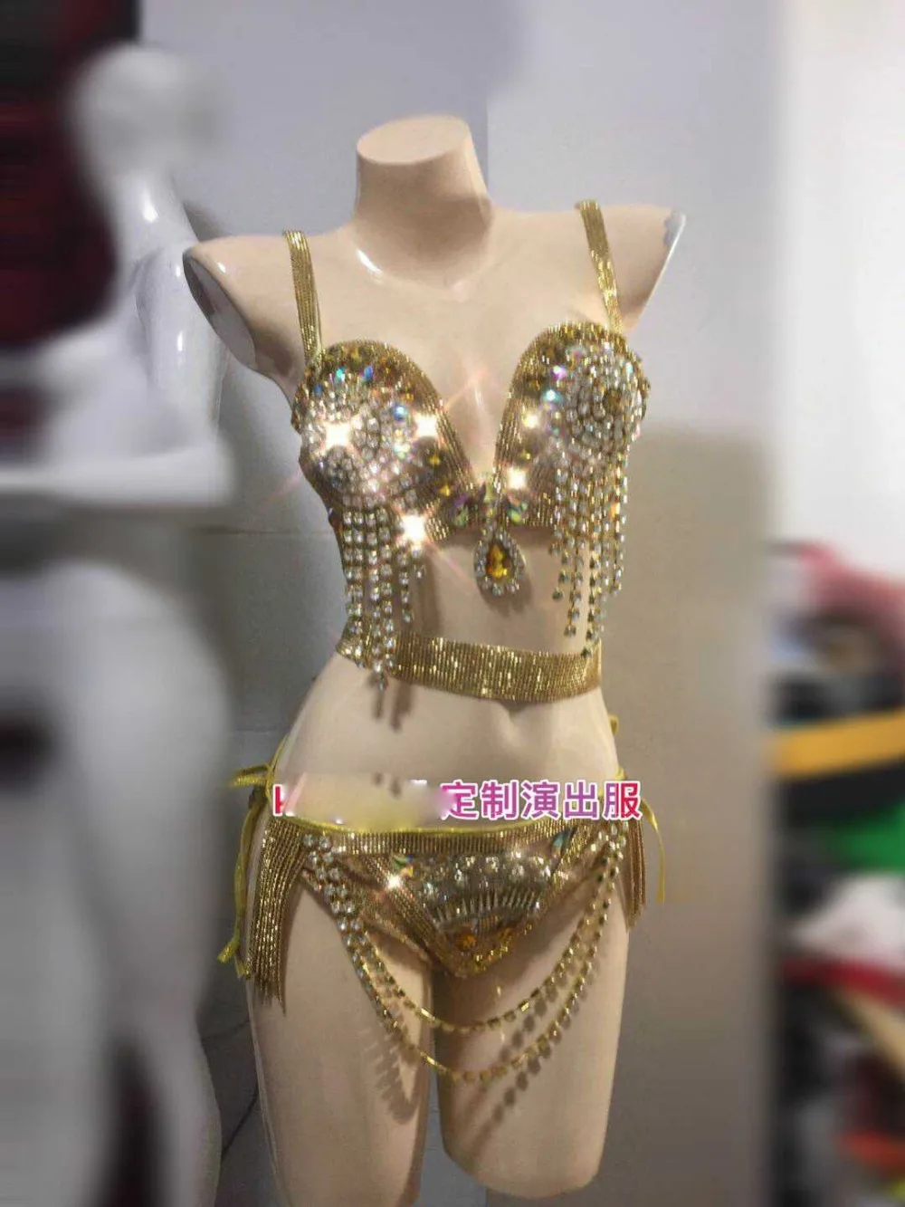 Sparkly Gold belly dance costume Sexy stage show bikini wear bellydance clothes Bar ladies bellydancing costumes