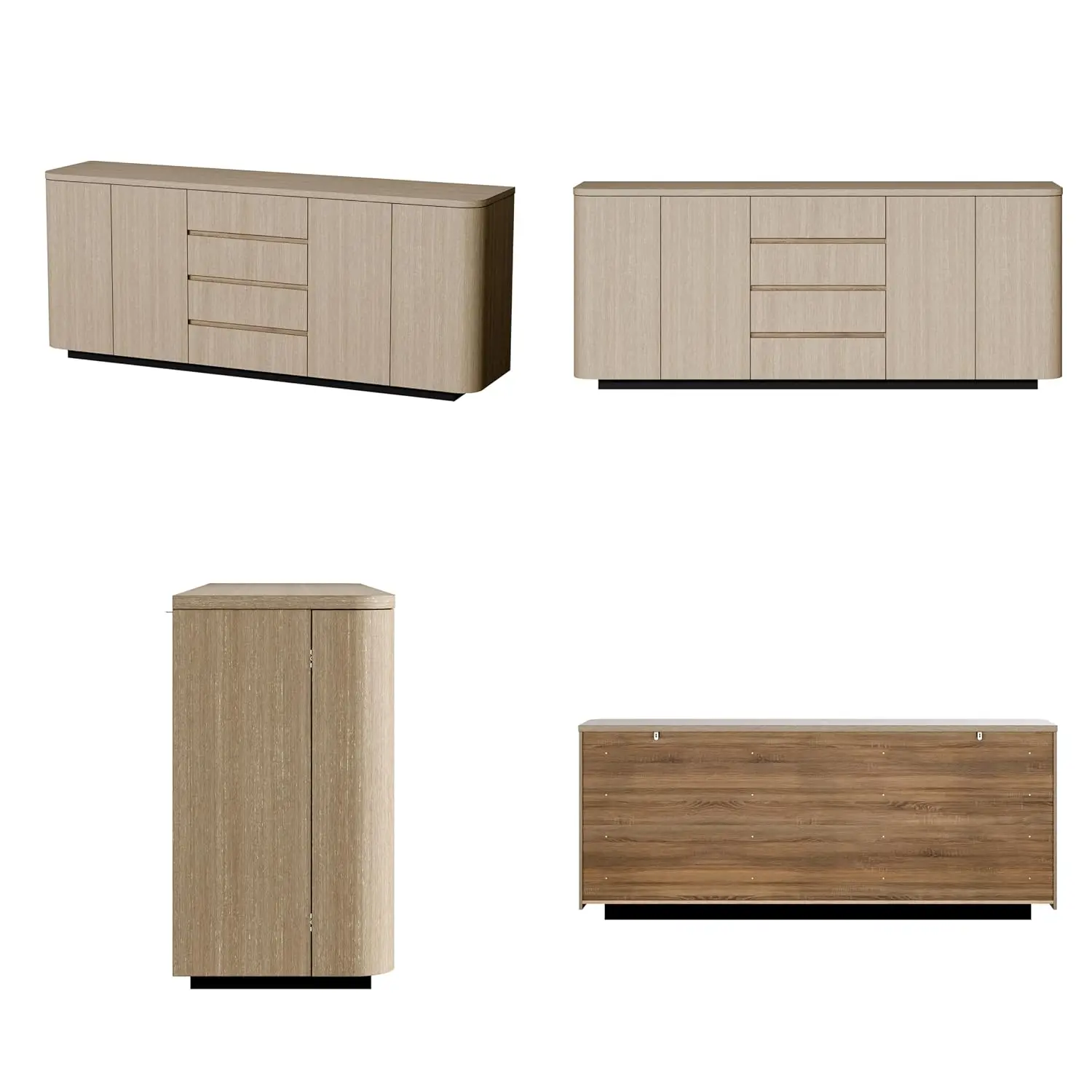 86.6-inch Solid Frame Sideboard Buffet, 4 Doors Storage Cabinet with Drawer, Cupboard with Curvy Corners, Coffee Bar Table Wood