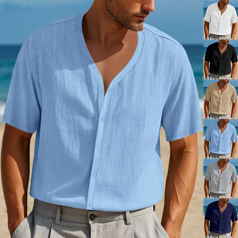 Men's Summer Shirt Light Blue Short Sleeve Loose Fit Top Gray V Neck Button Front Navy Blue White Beige Solid Color Casual