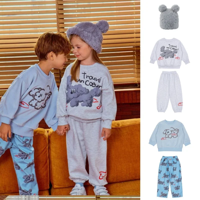 طقم سويت شيرت للأطفال 2025 خريف/شتاء وصل حديثًا سروال كاجوال من القطن الخالص مبطن بالصوف دافئ للأولاد والبنات