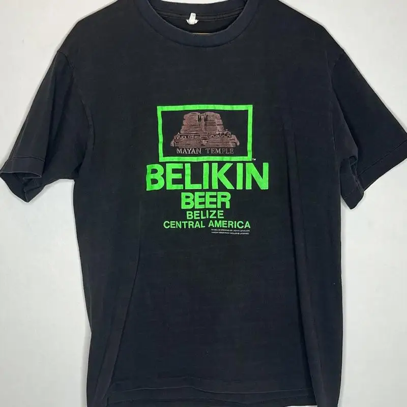 Vintage 90S Belikin cerveza camiseta negro neón verde Belize Central América