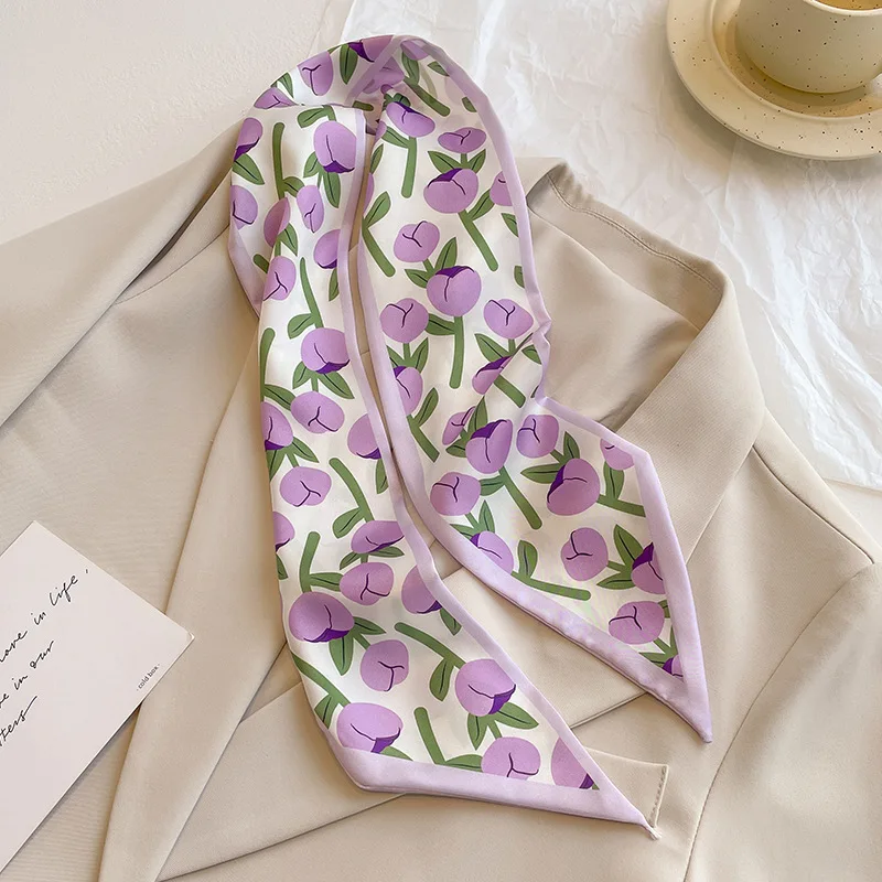 French Purple Small Long Silk Scarf Women's Versatile Headband Hair Tie Thin Narrow Tie Bag Ribbon Streamer Scarf