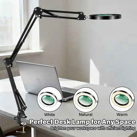 Three Stage Folding Magnifying Glass with Light and Clamp 3 Color Modes Stepless Dimmable Flexible Swing Arm 72 LED Desk Lamp