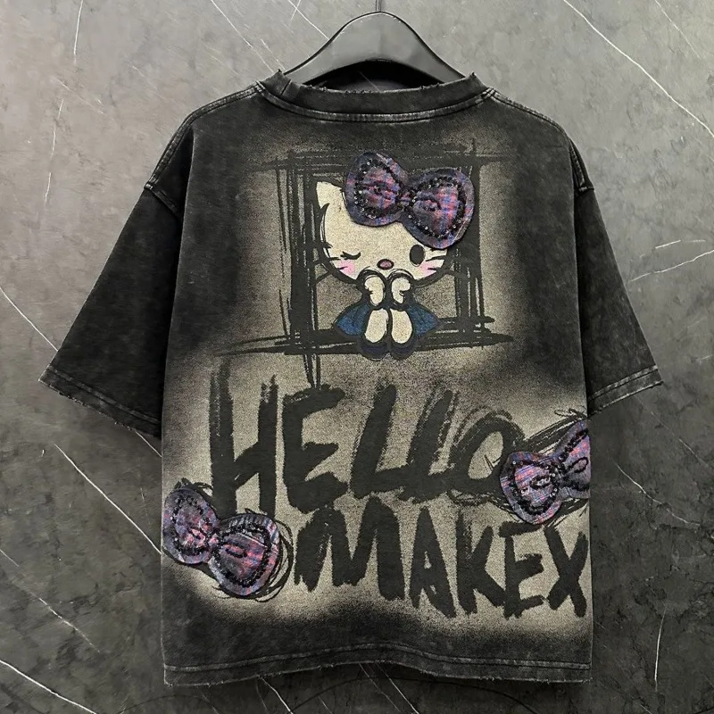 

Spring Summer Hello Kitty Glitter Print Short Sleeved Shirt Women High Quality Pure Cotton Tops Loose Versatile Graphic T Shirts