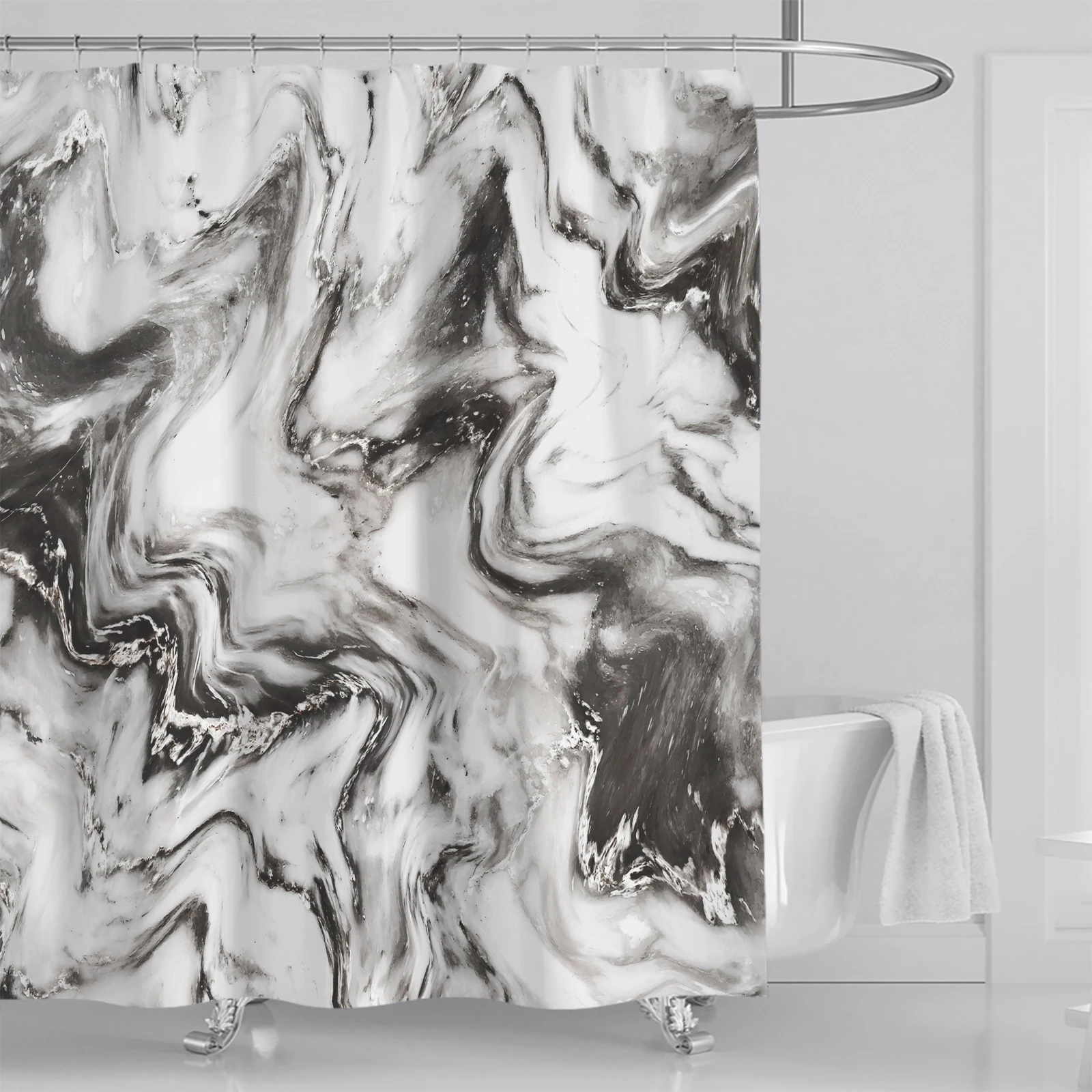 Abstract Marble Shower Curtain Blue Green Purple Jade Texture Gold Stripes Ombre Watercolor Paint, with Hooks