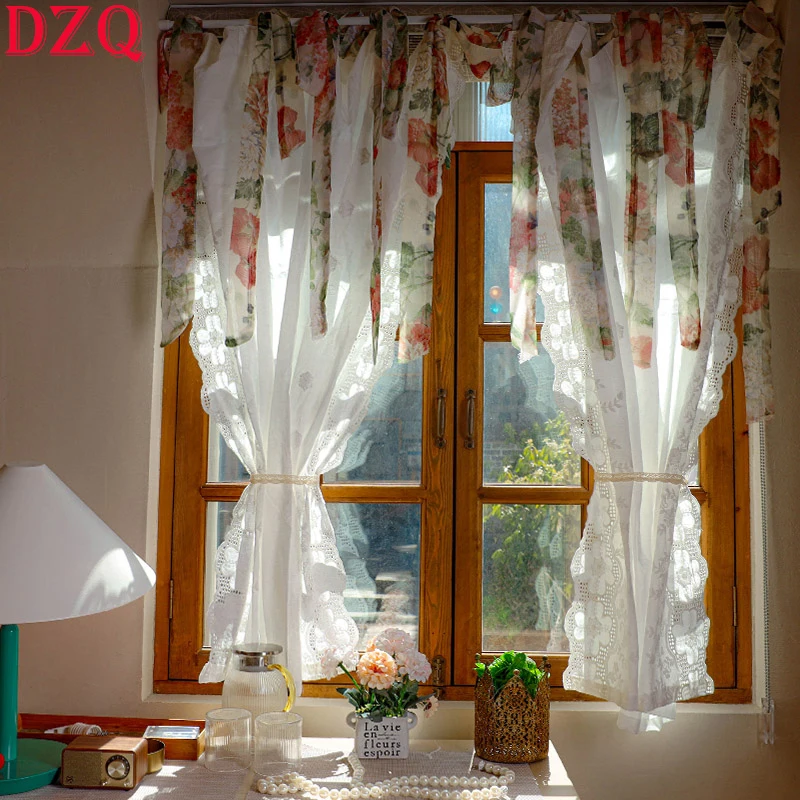 

135*150 Idyllic Tab Top Elegant Flowers Lace Tulle Door Curtain Special Design Rural White Lace Gauze Curtains for Kitchen #A151