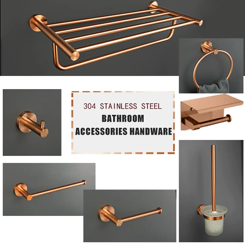 

Elegant Brushed Rose Gold Stainless Steel Bathroom Wall-Mounted Set - Toilet Paper Towel Holder Soap Dispenser Robe Hook